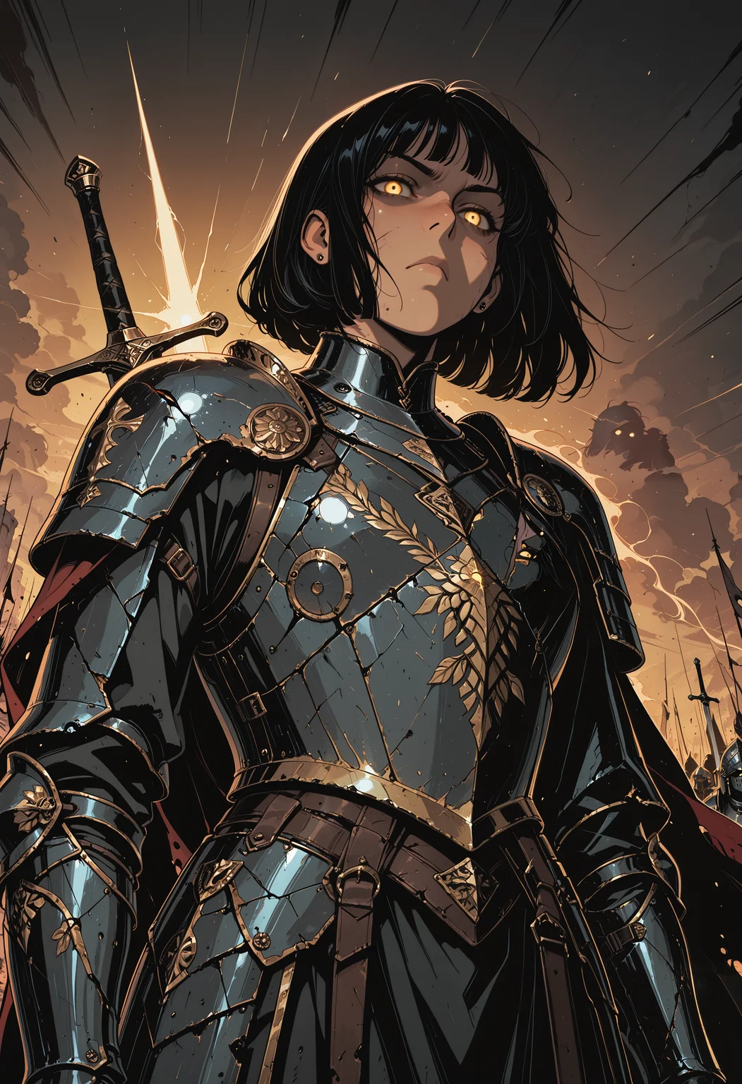 embedding:IllusP0s, codex sss chroma
1girl, solo, dutch_angle, from_below, low_angle, knight, armor, cape, sword_on_back, battlefield, determined, annoyed, angry, serious, piercing_gaze, confident, glowing_eyes, yellow_eyes, bob_cut, black_hair, battle-worn, damaged_armor, scratched, bruises, tattered_cape, wind, flowing_cape, flowing_hair