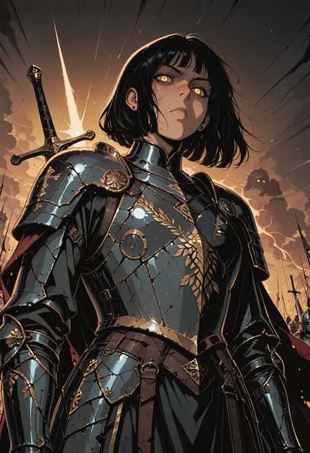 embedding:IllusP0s, codex sss chroma
1girl, solo, dutch_angle, from_below, low_angle, knight, armor, cape, sword_on_back, battlefield, determined, annoyed, angry, serious, piercing_gaze, confident, glowing_eyes, yellow_eyes, bob_cut, black_hair, battle-worn, damaged_armor, scratched, bruises, tattered_cape, wind, flowing_cape, flowing_hair