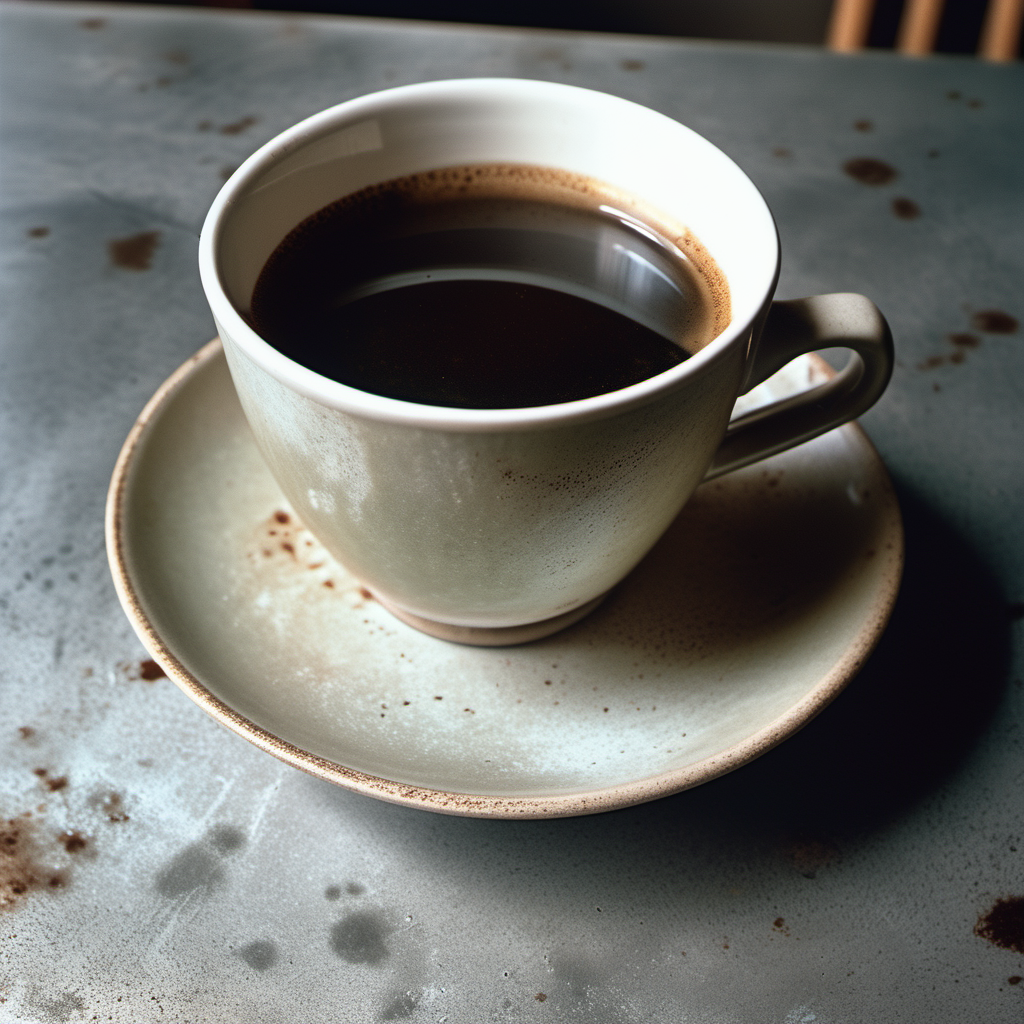 analog film photo 1 coffee cup, stains <lora:Grit-SDXL:1.3> on metal tabletop.  scifi . faded film, desaturated, 35mm photo, grainy, vignette, vintage, Kodachrome, Lomography, stained, highly detailed, found footage