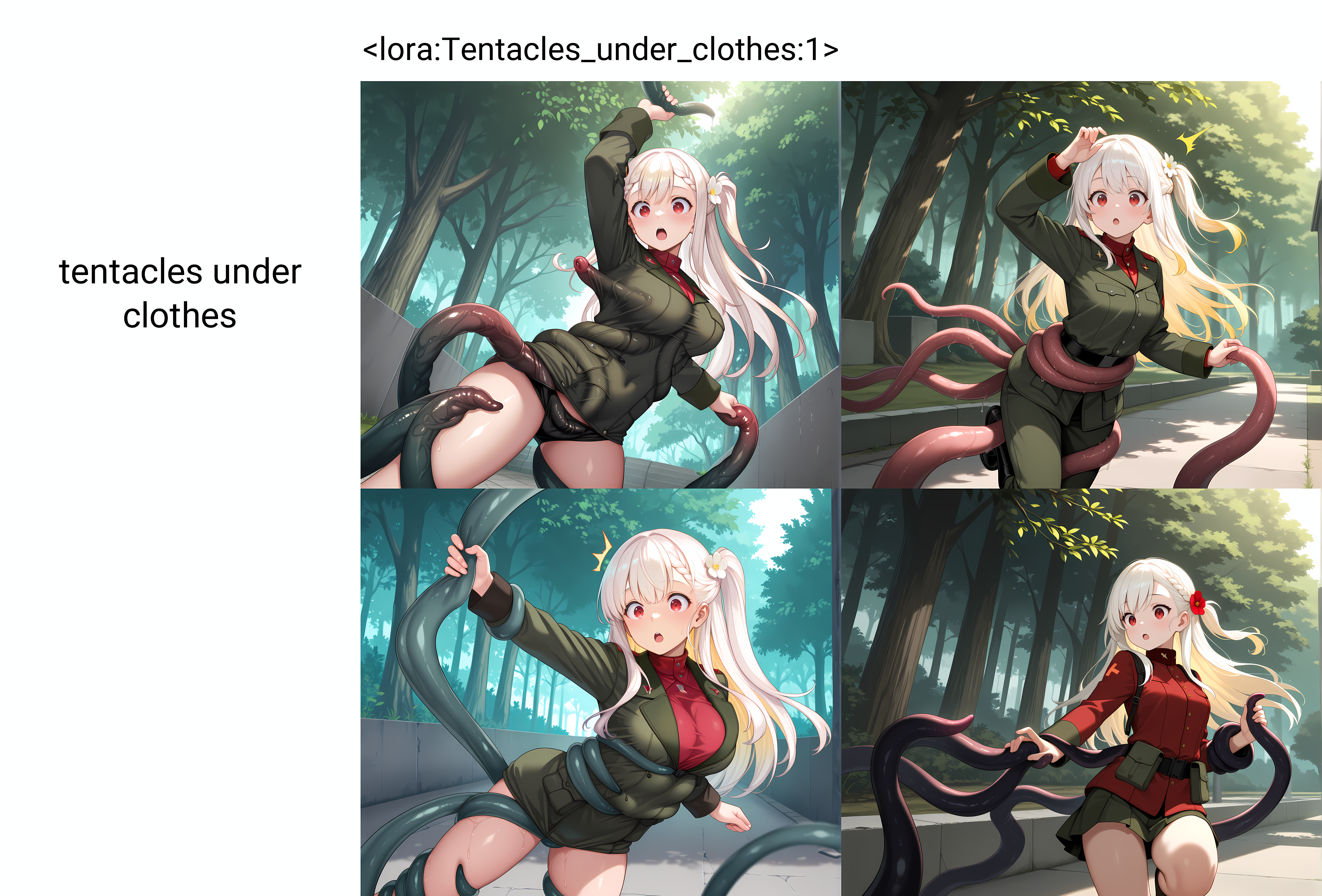 <lora:Tentacles_under_clothes:1>,tentacles under clothes,tentacle grab,tentacles around waist,tentacles under shirt,solo,forest,cowboy shot,1girl,long hair,side ponytail,half up braid,yellow hair flower,red eyes,white hair,outdoors,park,tree,flower,concrete,atmospheric perspective,dynamic lighting,cinematic pose,surprised,:o,tentacles,pravda_military_uniform,standing on one leg,arm up,, masterpiece,best quality,amazing quality, very aesthetic, absurdres,detailed eyes,ultra-detailed,