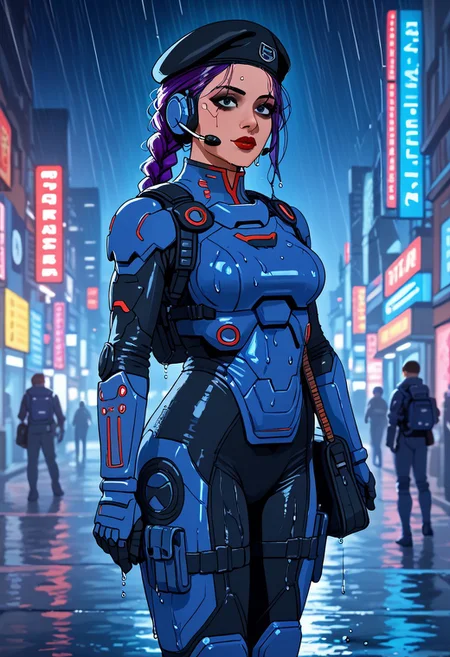 score_9, score_8_up, score_7_up, best quality, fusilier:1.2, masterpiece, cyberpunk indian girl, indian woman skin, long twin braid, bangs, blue military satchel beret, dark eyeshadow, blue armour, panoceania, violet hair, military insignias, stripes, red lips, headset, blue and gray power armour, black bodysuit, assault rifle, on a cyberpunk street at night, neon signs, american city, heavy rain, wet, wet hair, wet skin, wet clothes, bokeh, vibrant, surreal colours, High Definition HD, High Detail, Perfect Composition, mythp0rt