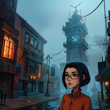 (jadechan (short black hair, brown eyes, hong konger:1.10) wearing (orange clothes with white trim:1.10) <lora:JadeChan-10v6:0.8>) JaOran, dynamic action scene,, <lora:detail_slider_v4:0.8>, <lora:realistic:0.2>, <lora:tangbohu-line_1.0:0.2>, <lora:make25d_type1_v100:0.2>, BREAK (style-rustmagic:0.8), solo, upper body, detailed background, detailed face, (lovecraftian theme:1.1), false confidence, investigator of lovecraftian cosmic horrors, steampunk frayed adventuring gear, glasses, dark color scheme, haunted by eldritch forces, , psychological struggle, , looming insanity, mysterious fog, starless night, mysterious lovecraftian atmosphere,
