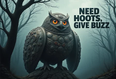 a massive mechanical owl with intricate gears and glowing eyes, perched on an old, twisted tree in a foggy forest, with steam rising softly from its metal wings, the steam spells in large block letters text:"need hoots, give buzz" illustration in the style of CTILLUST, aidmatextimprover