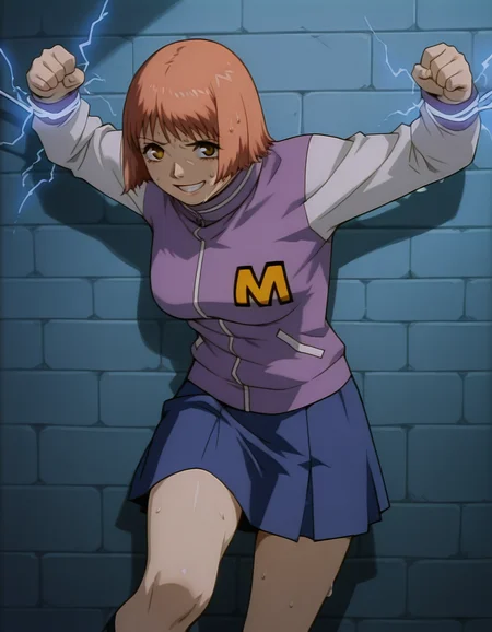 <lora:mikura-noupscale-illustrious-000020:1> mikuraova
letterman jacket, skirt,
1girl, solo, grin, restrained, electricity, defeat, sweat, wall, masterpiece, best quality