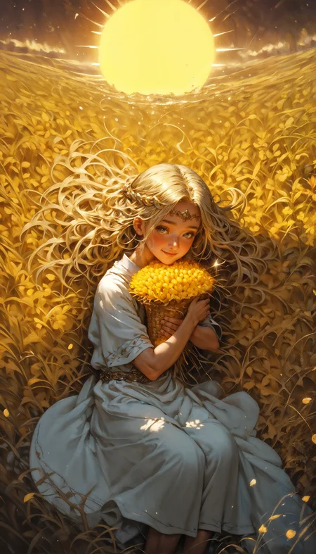 score_9, score_8_up, score_7_up, 1boy,solo focus,solo, miquella, blonde hair,crown braid,multiple braids,yellow eyes, white robe, gold armlet,circlet, p3tl0v3, hugging p4tr0nus, cute smile, laying down, field, dutch angle, sunlight, wind, flying leaves, sun flowers, corn field, water sparkles, <lora:Expressive_H-000001:0.8>, expressiveH <lora:Fant5yP0ny:0.9> <lora:Pony_DetailV1.0:0.9> <lora:miqeulla:0.8> <lora:p3tl0v3XLP:0.8> <lora:p4tr0nusXLP:0.8>