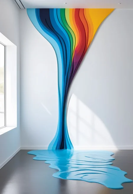 A captivating conceptual artwork featuring a minimalist gallery space, with a monochrome fluid flowing from a painting on the wall, transitioning into a vibrant, colorful stream resembling a river meandering through the space.
The main focus is on the monochrome fluid flowing from a painting on the wall, gradually transitioning into a vibrant, colorful stream resembling a river, symbolizing creativity and the power of art. The atmosphere is serene, inviting contemplation of artistic expression and the transformative nature of color.
Background: A minimalist gallery space with clean lines and neutral colors to contrast with the explosion of vibrant colors from the fluid.
Color: Monochrome at the beginning with a gradual transition to vibrant, colorful tones as the fluid reaches the floor.
Lighting: Soft, ambient lighting to enhance the serene atmosphere and highlight the colors of the flowing fluid.