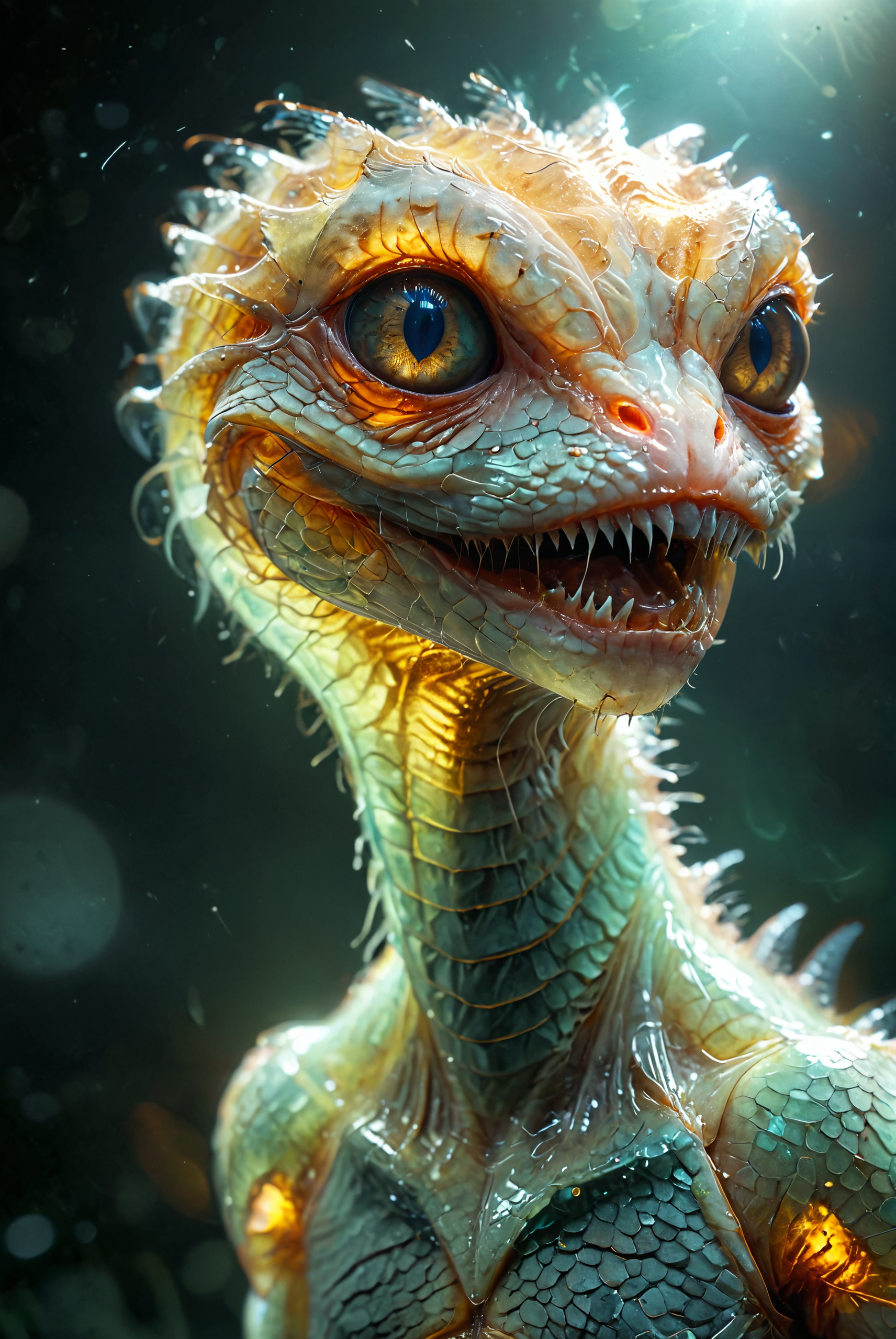 closeup portrait. horrifying and basilisk like alien creature with (translucent skin, making its internal glowing organs visible:3). sits on a stone. orange glowing veins, glowing eyes, open mouth, very long thin teeth, ptyalism, The alien should appear very slimy and disgusting, with a menacing and eerie presence, hyperdetailed photography, masterpiece, best quality, high quality, highres, ultra-detailed, best quality, 8K, high resolution, extreme detail, outstanding composition:1.4, professional photo 85mm lens for elegant body lines and fine skin detail with sharp subject,   <lora:add-detail-xl:2>, <lora:MJ52:0.5>,, great lighting <lora:TheWeirdies_V2:1.5> theW3iRDi3Sv2 <lora:CBS_novuschroma37 style_b:0.2> novuschroma37 style, style of holga photography, light leaks, double exposure,