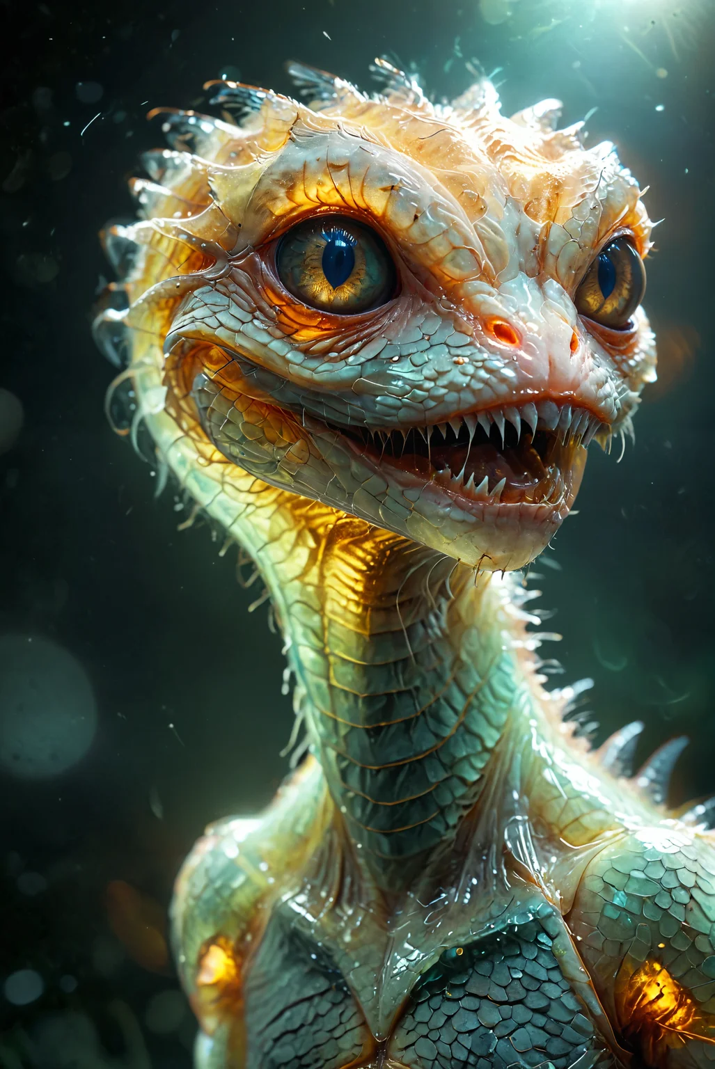 closeup portrait. horrifying and basilisk like alien creature with (translucent skin, making its internal glowing organs visible:3). sits on a stone. orange glowing veins, glowing eyes, open mouth, very long thin teeth, ptyalism, The alien should appear very slimy and disgusting, with a menacing and eerie presence, hyperdetailed photography, masterpiece, best quality, high quality, highres, ultra-detailed, best quality, 8K, high resolution, extreme detail, outstanding composition:1.4, professional photo 85mm lens for elegant body lines and fine skin detail with sharp subject, <lora:add-detail-xl:2>, <lora:MJ52:0.5>,, great lighting <lora:TheWeirdies_V2:1.5> theW3iRDi3Sv2 <lora:CBS_novuschroma37 style_b:0.2> novuschroma37 style, style of holga photography, light leaks, double exposure,