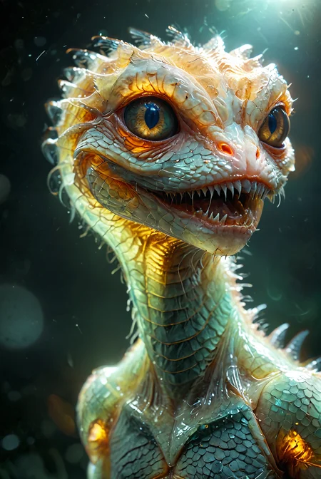 closeup portrait. horrifying and basilisk like alien creature with (translucent skin, making its internal glowing organs visible:3). sits on a stone. orange glowing veins, glowing eyes, open mouth, very long thin teeth, ptyalism, The alien should appear very slimy and disgusting, with a menacing and eerie presence, hyperdetailed photography, masterpiece, best quality, high quality, highres, ultra-detailed, best quality, 8K, high resolution, extreme detail, outstanding composition:1.4, professional photo 85mm lens for elegant body lines and fine skin detail with sharp subject, <lora:add-detail-xl:2>, <lora:MJ52:0.5>,, great lighting <lora:TheWeirdies_V2:1.5> theW3iRDi3Sv2 <lora:CBS_novuschroma37 style_b:0.2> novuschroma37 style, style of holga photography, light leaks, double exposure,