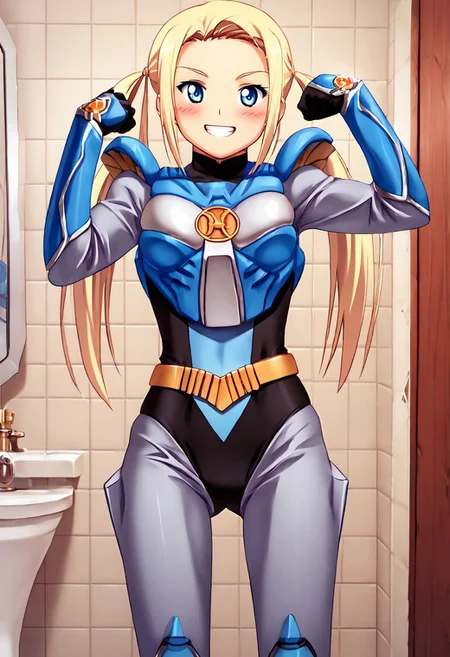 score_9, score_8_up, score_7_up, source_anime, zPDXL, zPDXLpg, <lora:offset_0.2:0.1>, <lora:spo_sdxl_10ep_4k-data_lora_webui:1>,
1girl, solo,
sazerpisces, silver bodysuit, black leotard, belt, armor, gauntlets, black gloves, boots, <lora:Sazer_Pisces_v2:1>,
ct_yuzu, blonde hair, twintails, long hair, smile, blush, cowboy shot, standing, ass visible through thighs, flexing, teeth, indoors, bathroom, mirror