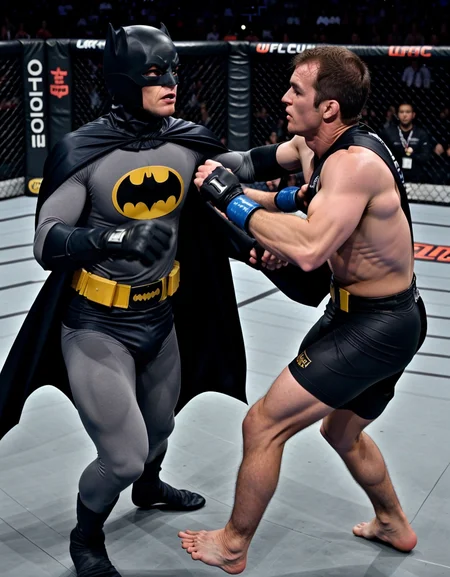 <lora:Batman:0.4>batman fighting in the ufc, grappling