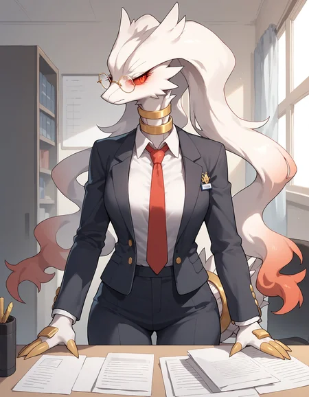 score_9, score_8_up, score_7_up, ReshiXL, solo, long hair, colored sclera, red sclera, red eyes, gold chokers, pokemon \(creature\), 1girl, anthro, office, elegant, suit, shirt, necktie, glasses, <lora:cefaa866-a58e-40ba-a219-79ab392f7d60:0.9>, <lora:a9a1f46e-c909-4e1a-b154-a52cb79406da:0.8>