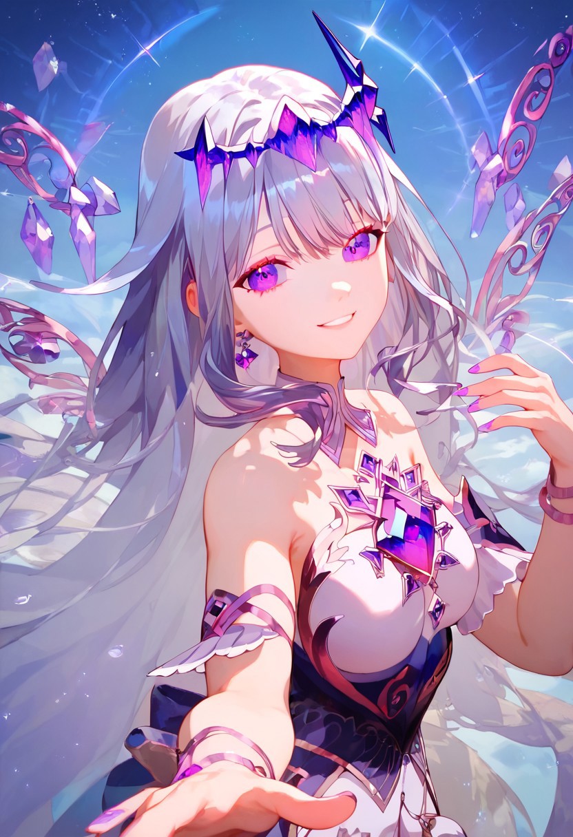 score_9, score_8_up, score_7_up, score_6_up, Expressiveh, ultra detailed, high resolution, absurdres, masterpiece, 
1girl, beautiful, aesthetic, dynamic pose, perfect hands, smile, happy, looking at viewer, 
bijou, silver hair, purple highlight, purple eyes,