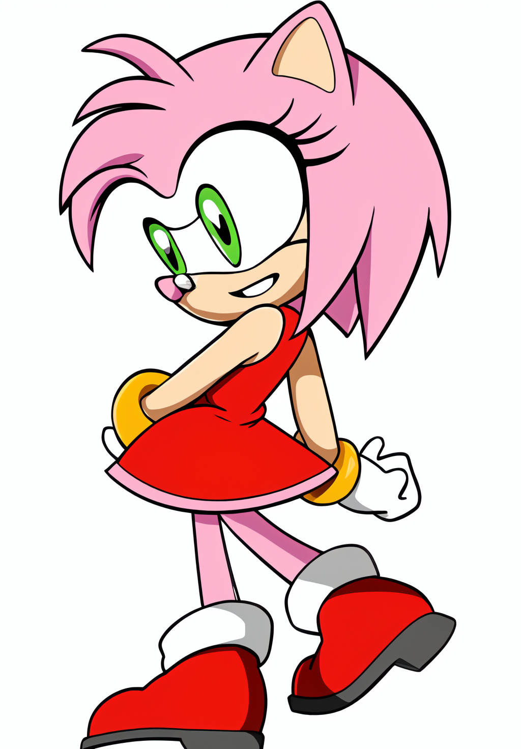 <lora:Amy_Rose:0.8>, Amy_Rose, 1girl, solo, looking at viewer, smile, simple background, white background, dress, bare shoulders, closed mouth, standing, full body, one eye closed, sleeveless, looking back, sleeveless dress, short dress, red dress, happy, sideways mouth