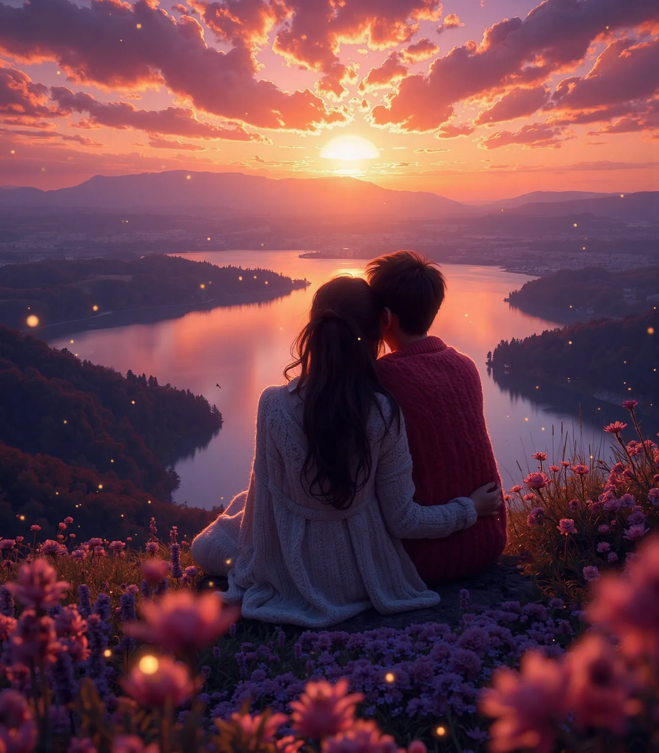 At the edge of a breathtaking, flower-covered cliff, two silhouetted figures sit closely together, wrapped in a shared woolen blanket as they watch the sun dip below the horizon. The sky explodes into a masterpiece of swirling pinks, fiery oranges, and deep purples, reflecting upon the tranquil lake that stretches endlessly before them.

The wind carries the scent of blooming lavender, and gentle fireflies flicker like tiny embers of passion dancing in the twilight. One lover tenderly reaches out to tuck a stray lock of hair behind the other's ear, their fingers brushing in an unspoken promise of forever. Their intertwined hands rest gently atop an old, weathered book—its pages filled with love letters exchanged over the years.

Beyond them, the landscape tells a love story of its own: a winding river carves a heart-shaped path through the valley below, distant mountains stand as eternal witnesses to their bond, and the distant call of birds overhead seems to sing a silent ballad of devotion. This is a place where nature itself breathes romance, and every element in the scene whispers of love that endures beyond time.

