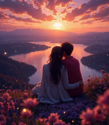 At the edge of a breathtaking, flower-covered cliff, two silhouetted figures sit closely together, wrapped in a shared woolen blanket as they watch the sun dip below the horizon. The sky explodes into a masterpiece of swirling pinks, fiery oranges, and deep purples, reflecting upon the tranquil lake that stretches endlessly before them.

The wind carries the scent of blooming lavender, and gentle fireflies flicker like tiny embers of passion dancing in the twilight. One lover tenderly reaches out to tuck a stray lock of hair behind the other's ear, their fingers brushing in an unspoken promise of forever. Their intertwined hands rest gently atop an old, weathered book—its pages filled with love letters exchanged over the years.

Beyond them, the landscape tells a love story of its own: a winding river carves a heart-shaped path through the valley below, distant mountains stand as eternal witnesses to their bond, and the distant call of birds overhead seems to sing a silent ballad of devotion. This is a place where nature itself breathes romance, and every element in the scene whispers of love that endures beyond time.

