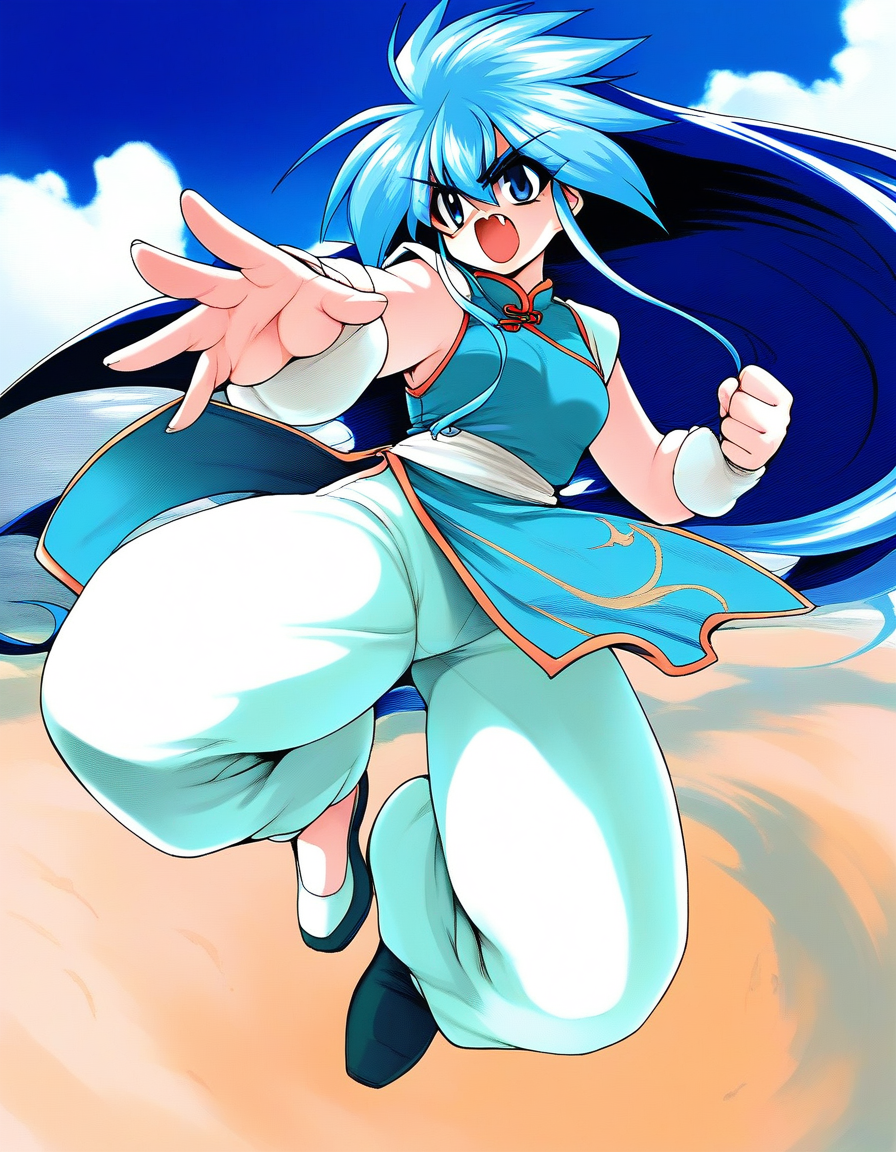score_9, score_8_up, score_7_up, source_anime, rating_explicit, BREAK  <lora:Ryuho_QOD_XL:1>  Ryuho_QOD, blue hair, blue eyes, light blue hair, long hair, small breasts, multicolored hair, two-tone hair, 
1girl, solo,  chinese clothes, 1990s (style), pants, fang, open mouth,ãwhite pants, fighting stance, shoes
sky, day,