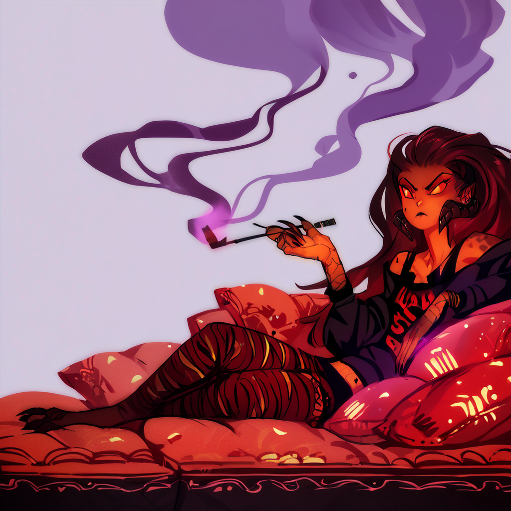 score_9, score_8_up, score_7_up, score_6_up, score_5_up, score_4_up, source_anime,  WrathiaBellarmina, demon girl, colored skin, lay, smoking