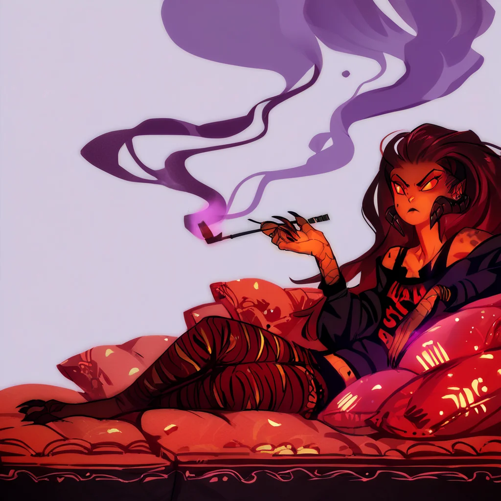 score_9, score_8_up, score_7_up, score_6_up, score_5_up, score_4_up, source_anime, WrathiaBellarmina, demon girl, colored skin, lay, smoking