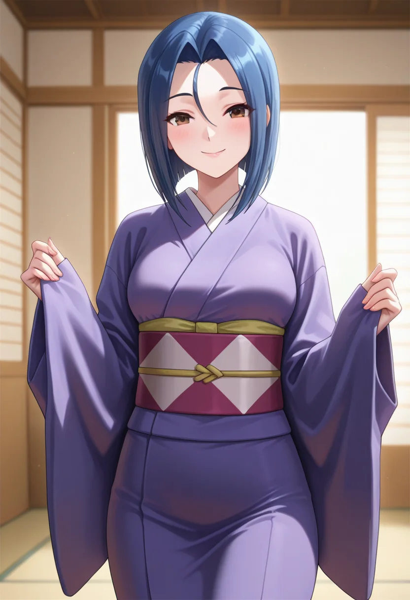 masterpiece, best quality, amazing quality, 1girl, solo, cowboy shot, renww, mature female, brown eyes, blue hair, medium hair , parted bangs, forehead, medium breasts, japanese clothes, purple kimono, obi, sash, looking at viewer, smile, indoors, day, skindentation, detailed clothing folds, depth of field, sharp, high contrast, dynamic light <lora:Seto_Ren_Seto_no_Hanayome_ill_v10:0.9>