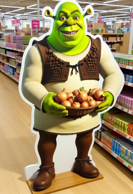 <lora:Cardboard_Cutout_Creator_FLUX-000021:0.9>
The image is a photograph taken in a retail environment, likely a grocery store. The main subject is a large, life-size cardboard cutout of Shrek holding onions, standing on a wooden floor.