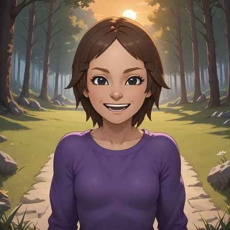 score_9, score_8, BREAK, solo, wii, mii, wii fit, 1girl, female mii, brown hair, dark blonde eyebrows, black eyes, half circle nose, open mouth, teeth, purple clothing, white pants, barefoot, cute, Maeda_(\Wii_Fit\), small breasts, Nintendo Mii, modern_mii, classic_mii, sexy pose, self portrait, smile, outdoors, sunlight, shadows, evening lighting, natural lighting, forest, trees, grass, orange sky, sunset