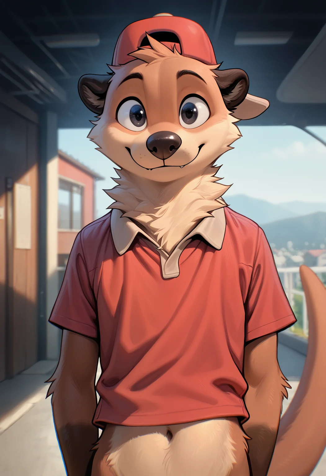 photorealism, photorealistic, chromatic aberration, depth of field, blurry background, detailed fur, looking at viewer, front view, chester_the_otter, solo, furry male, 1boy, male focus, furry, tail, shirt, baseball cap, black eyes, red headwear, red shirt, smile, upper body, body fur, navel, short sleeves, closed mouth (syuro:0.8), (nomax:0.5), (honovy:0.6), (kenket:0.6), (taran fiddler:0.6), masterpiece, best quality, amazing quality, very aesthetic, absurdres, newest, <lora:Chester_The_Otter_Illustrious:1.0:1.0>,