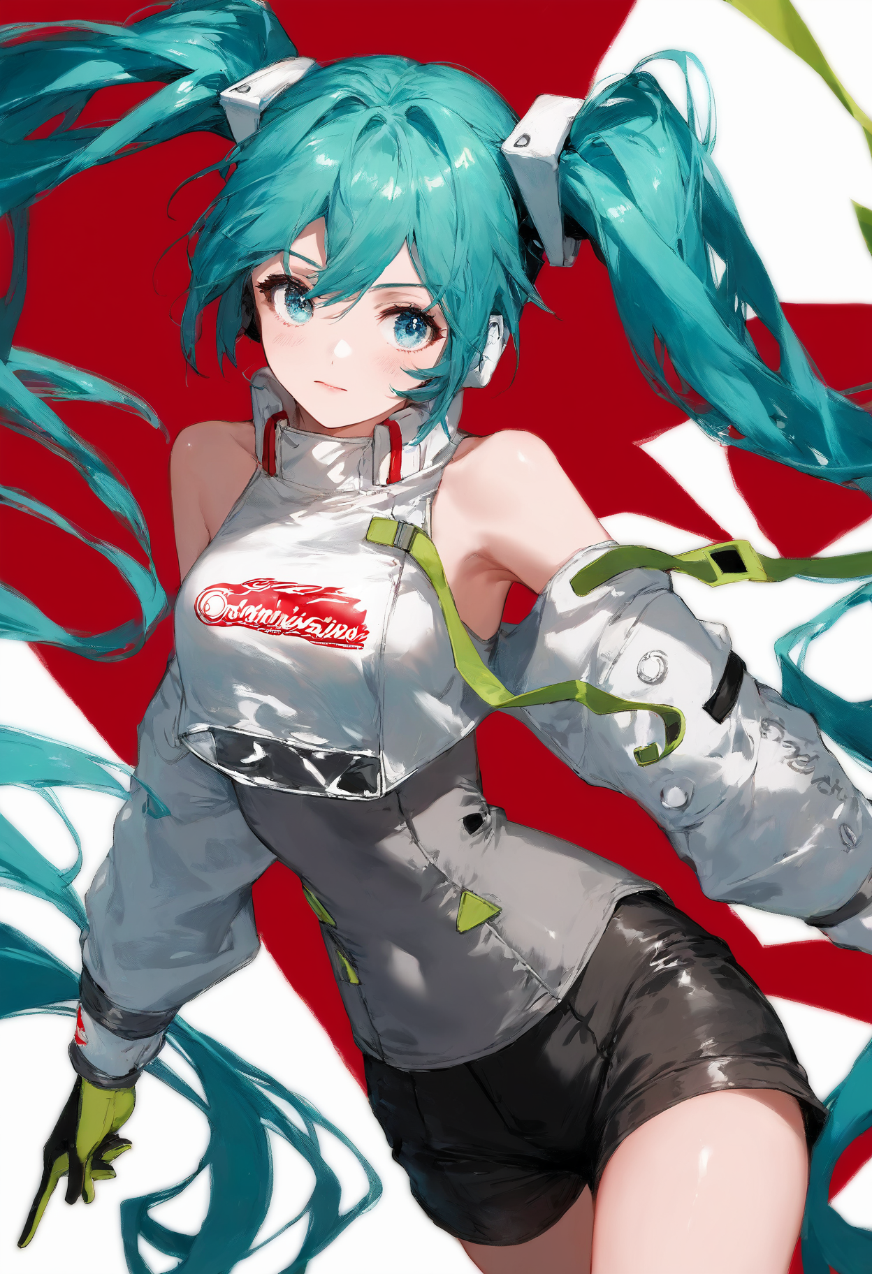 score_9,score_8_up,score_7_up,,source_anime BREAK ,  ,ruanyi0986,brown shorts,grey  leotard,sleeveless,  RHM22, hatsune miku, 1girl, racing miku, solo, green gloves, twintails, long hair, blue eyes, black bodysuit , two-tone gloves, aqua hair, hair between eyes,  jacket, long sleeves, white jacket,<lora:0986 Home wear 23_v1_pony:1>,<lora:ã¬ã¼ã·ã³ã°ãã¯22:1>