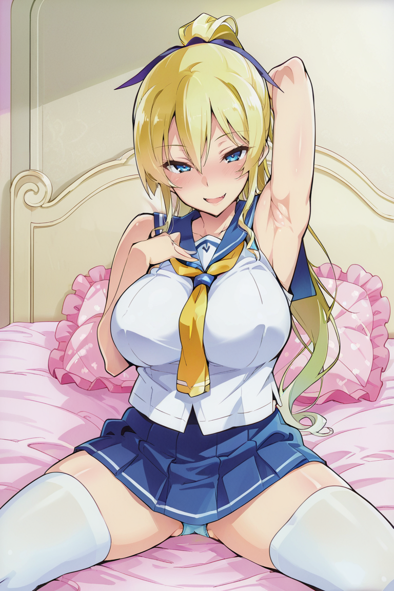 masterpiece , source_anime  , , 1girl, solo, thighhighs, breasts, skirt, large breasts, ponytail, blonde hair, blue eyes, pillow, long hair, hair ribbon, white thighhighs, school uniform, ribbon, , panties, pleated skirt, looking at viewer, serafuku, underwear, bed, smile, on bed, sleeveless, blue skirt, naughty face, bare shoulders, open mouth, sitting, spread legs, legs apart, (spread armpit) ,  , blush,  , hand behind head