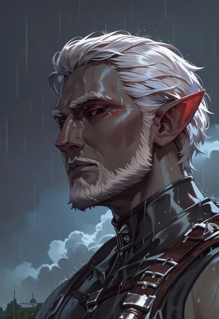 score_9, score_8_up, score_7_up, high resolution, high quality, masterpiece, ultra detailed, concept art, invncbl, solo, cloudy sky, day, rain, upper body,
1boy, male focus, red eyes, (friendly masculine face), white hair, pointed ears, Drow, ((deep grey skin)), black sclera, medium hair, full beard, grey lips, leather armor, black cloth, fur belt, fur boots, black pants, metal bracers,