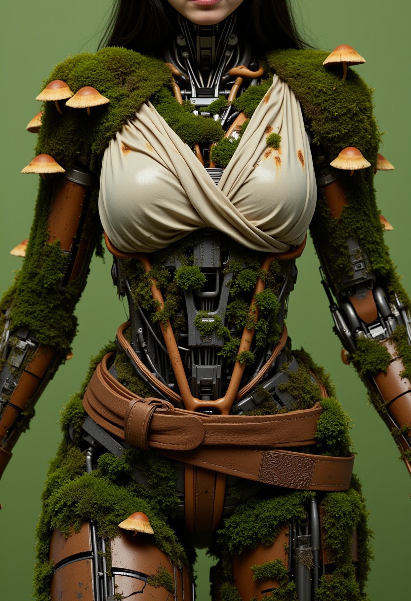 ajweathbo. The image is a high-resolution photograph of an elaborate, humanoid robot dressed in an intricate, organic-inspired outfit. The robot's body is a complex amalgamation of metal and organic materials, with its torso and limbs covered in a lush, vibrant green moss and various small mushrooms, giving it a natural, earthy appearance. The moss and mushrooms create a striking contrast against the metallic, mechanical structure of the robot, blending nature and technology.
The robot's torso is adorned with a flowing, off-white, layered garment that appears to be a combination of fabric and possibly some synthetic material, giving it a slightly worn, weathered look. The fabric is intricately wrapped around the robot's body, with the layers creating a dynamic, flowing effect. A wide, brown leather belt with intricate, possibly symbolic, patterns cinches the waist, adding a touch of rugged, earthy texture.
The robot's limbs are covered in a mix of metallic and organic components, with visible gears, wires, and other mechanical parts peeking through the moss and foliage. The background is a solid, muted green, which complements the verdant colors of the moss and mushrooms, creating a cohesive, immersive scene.
