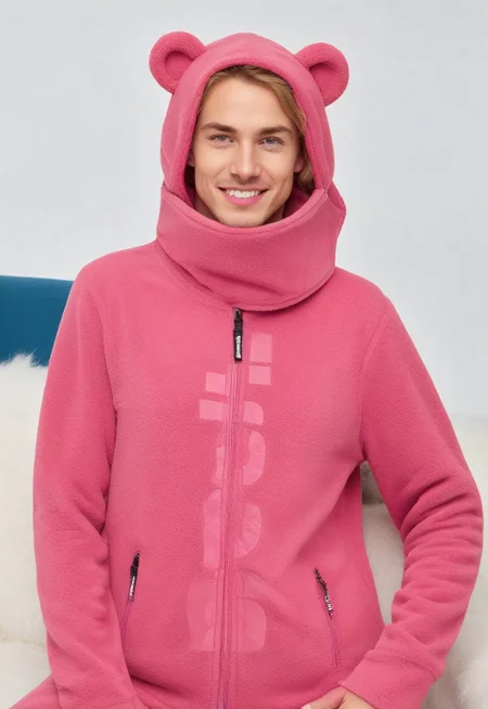 Man with a copper blonde feminine bob haircut, blue eyes wearing a fluffy teddy fleece hoodie with bear ears attached. The hoodie is made out of a furry fleece material and colored red, white and blue. The man is kneeling inside the living room on a faux fur blanket.