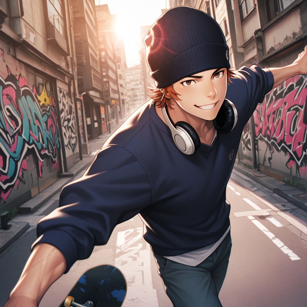 masterpiece, best quality, amazing quality, absurdres, newest, detailed background, definition so sharp, Ultra-HD, 8K cinematic, very awa, impressionate, amazing quality, highres, 
solo, male focus, manly, 
1boy, short hair, beanie, headphone around neck, misaki_orange hair, misaki_brown eyes, misakiyata, street art, graffiti, urban setting, sunny day, lens flare, motion blur, youthful, dynamic, active, mid-air, skateboard, energetic pose, cheerful smile,