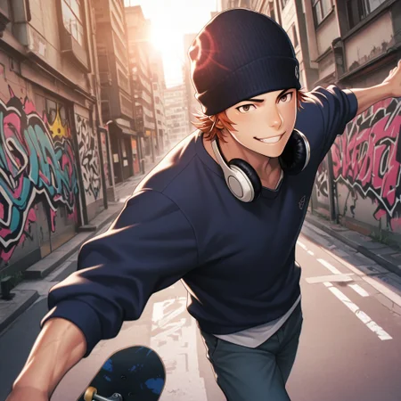 masterpiece, best quality, amazing quality, absurdres, newest, detailed background, definition so sharp, Ultra-HD, 8K cinematic, very awa, impressionate, amazing quality, highres,
solo, male focus, manly,
1boy, short hair, beanie, headphone around neck, misaki_orange hair, misaki_brown eyes, misakiyata, street art, graffiti, urban setting, sunny day, lens flare, motion blur, youthful, dynamic, active, mid-air, skateboard, energetic pose, cheerful smile,