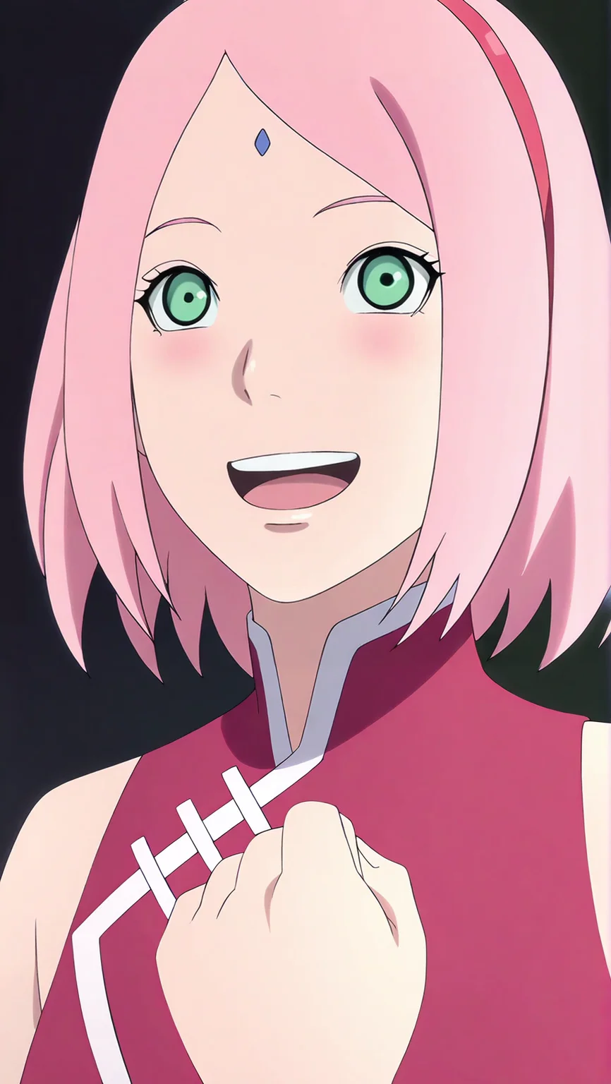 source_anime, masterpiece, best quality, amazing quality, anime screencap, high quality, 8k, absurdres, official style, 1girl, looking at viewer, simple background, :d, upper body, blush, <lora:Sakura_Boruto_iL:1>, 54kur4 b0rut0, green eyes, pink hair, short hair, forehead mark, casual outfit, red jacket, sleeveless jacket, sleeveless,
