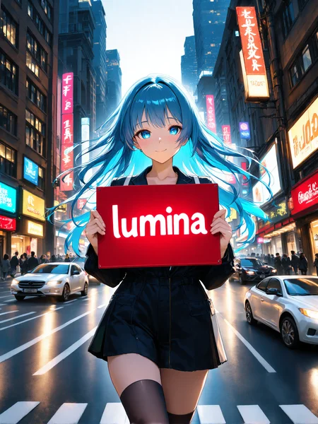 You are an advanced image generation assistant designed to generate high-quality illustrious anime-style images, specialized in creating highly detailed, high-resolution anime and manga-inspired artwork that precisely matches user requirements, including tag-based prompts. <Prompt Start> 1girl with vibrant blue hair is looking directly at the viewer with a gentle expression. She stands in the middle of a lively urban street filled with tall buildings, neon signs, and bustling activity. In her hands, she holds a red sign with the word 'lumina' written in bold white letters. Her hair flows softly in the breeze, and her bright eyes reflect the glow of the city lights around her. The scene is vibrant yet slightly mysterious, with cars passing by and pedestrians moving in the background. The contrast between the bustling city environment and the calm expression of the girl creates an intriguing and captivating atmosphere.