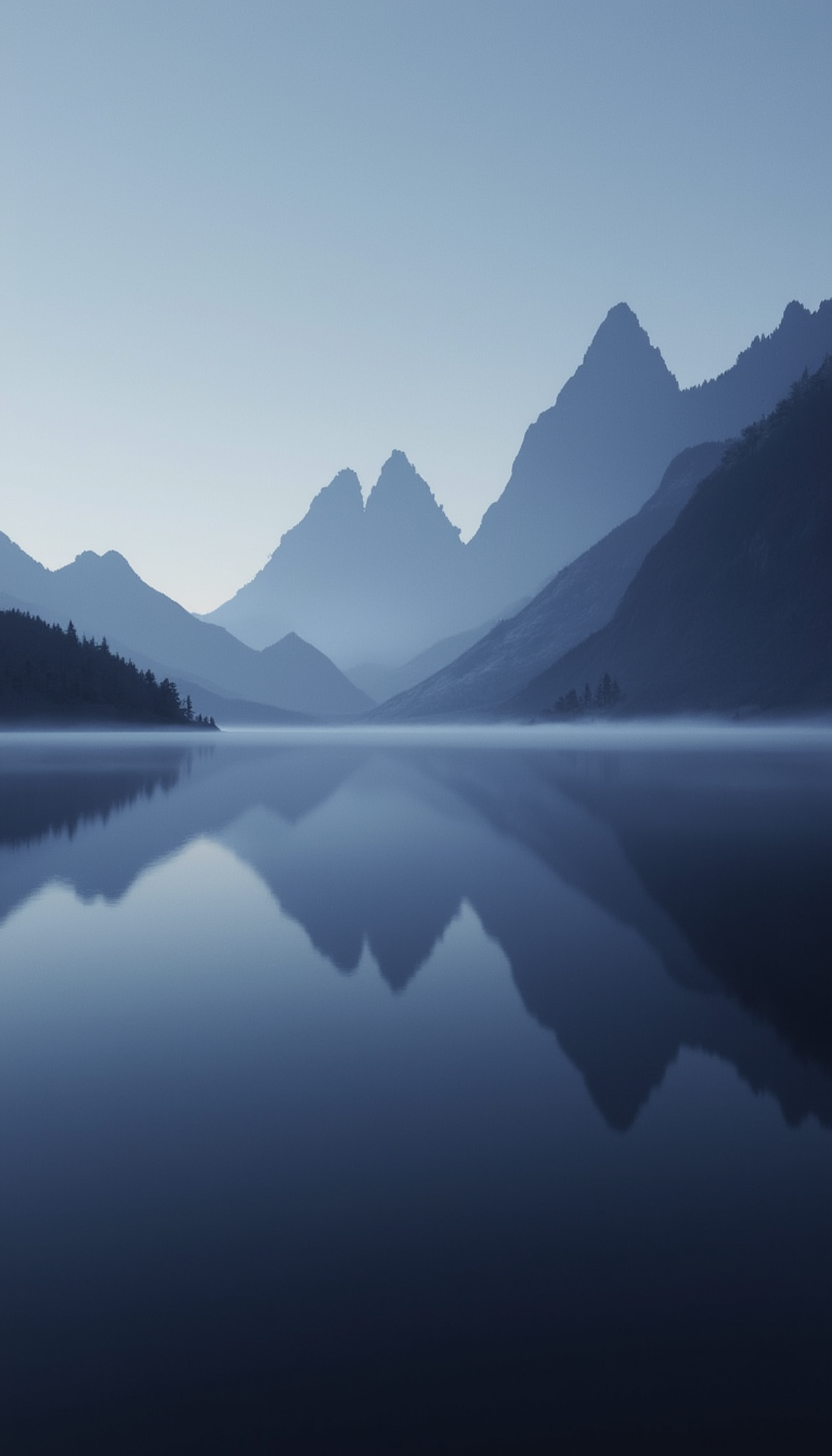 cinematic light, dramatic light, shallow depth of field, high budget, bokeh,  
 by Stephen Shore, by Christopher Balaskas, by Jerzy Duda-Gracz , aesthetic, harmonic, artistic, creative, esthetic. magnificent, This image is a digital artwork depicting a tranquil, minimalist mountain landscape. The scene features a series of jagged peaks with sharp edges, rendered in muted charcoal gray tones. The mountains are arranged diagonally from the lower right corner towards the upper left, creating a sense of depth and scale. The background transitions from a deep midnight navy at the top to a soft, pale blue near the horizon, suggesting early dawn light. In the foreground, a calm lake reflects the mountain silhouettes in muted charcoal and soft lilac hues, its surface smooth and undisturbed. Mist rises gently from the water, blending seamlessly with the lavender sky. The overall style is minimalist and abstract, emphasizing stark contrasts and clean lines to evoke a feeling of quiet isolation and introspective calm..  .

 An otherworldly atmosphere.. 
(Depth of field), low saturation,detail. mythp0rt Stylish, charismatic. , .
,,. .

.,, hyperrealistic, 4K ,.,

 Otherworldly atmosphere.
(Depth of field), low saturation,detail. SCI_FACTOR_CORE, UNI_SCI_FI_CORE