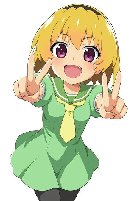 higurashimei, 1girl, houjou satoko, aged down, solo, (small breasts, breasts), blonde hair, short hair, hairband, ((simple background, white background)), pantyhose, sailor dress, green sailor dress, green dress, yellow necktie, school uniform, dress, smile, happy, open mouth, blush, fang, upper body, looking at viewer, double v, 
(atmospheric perspective), 
(masterpiece, best quality, absurdres, highres, newest, very awa:1.2), 