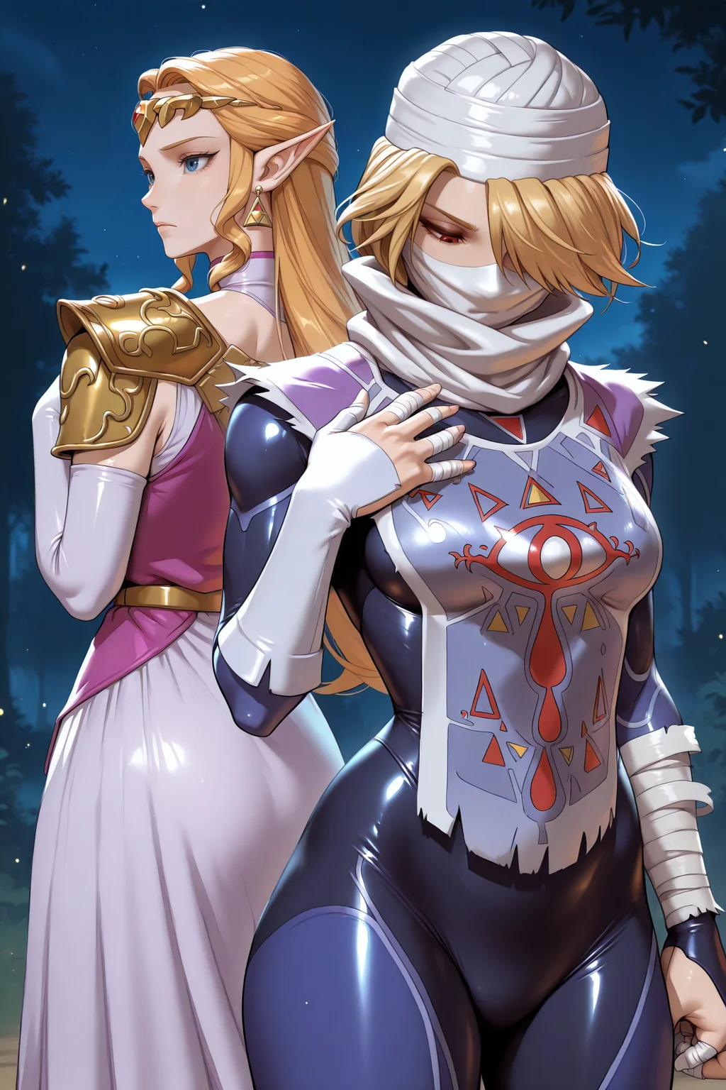 masterpiece, best quality, 2girls, back to back, night, outdoors BREAK 1girl, <lora:ootzelda-illu-nvwls-v1-000006:1> ocarzld, blonde hair, long hair, sidelocks, blue eyes, pointy ears, gold tiara, earrings, gold armor, shoulder armor, long dress, white dress, magenta tunic, sleeveless tunic, tabard, elbow gloves, white gloves, hand on own chest, serious BREAK 1girl, <lora:sheik-illu-nvwls-v1:1> ootshk, blonde hair, hair over one eye, red eyes, breasts, turban, white mask, ninja mask, bandages, bandaged arms, tabard, dark blue bodysuit, serious, looking down, half-closed eyes