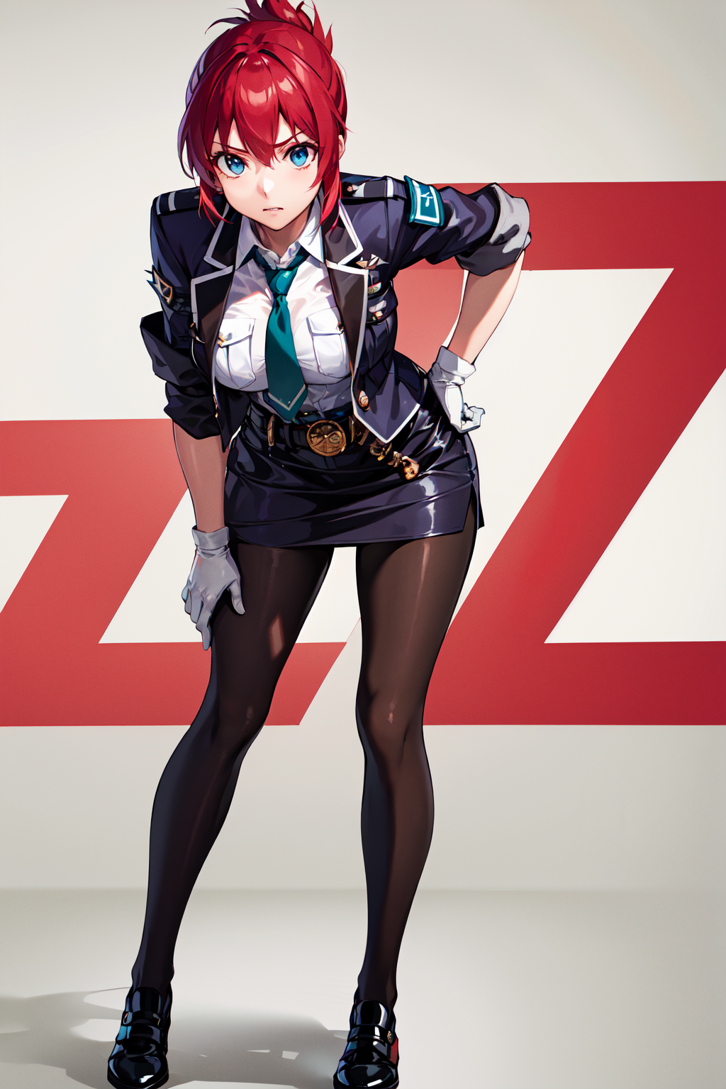 masterpiece, best quality, highres, aoi1, 1girl, solo, red hair, folded ponytail, blue eyes, skirt, necktie, white gloves, police uniform, belt, black pantyhose, jacket, armband, large breasts, <lora:sakurai_aoi_v1:0.6>, hand on hip, leaning forward, stading,
