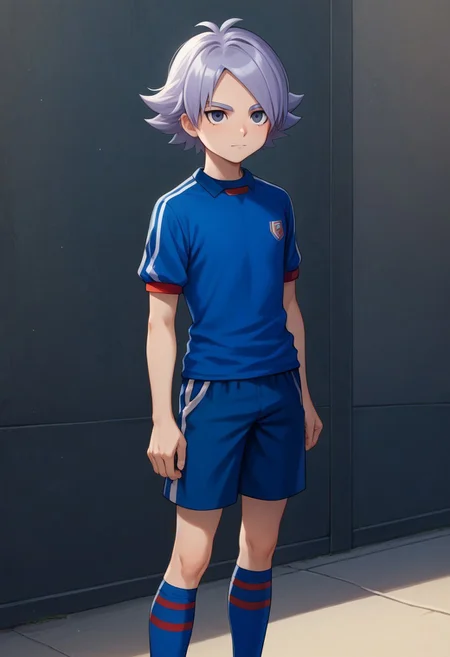 score_9, score_8_up, score_7_up, source_anime, highly detailed,
fubuki, 1boy, male focus, solo, grey hair, grey eyes, sportwear, soccer uniform, orion soccer uniform, shirt, dark blue shirt, short sleeves, shorts, blue shorts, socks, blue socks, slender, skinny,
outdoor,