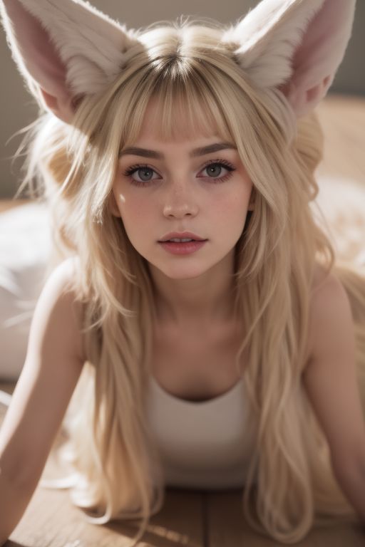 girl, crawling, brunette, eyes close-up, looking up, portrait, white loose summer dress, selfie, big hair, messy hair, huge very long silky fennec ears, animal ear fluff, fox tail, depth of field, big eyes, round rich lips, freckles, curious, lora:extendeddownblouse_v10:1>