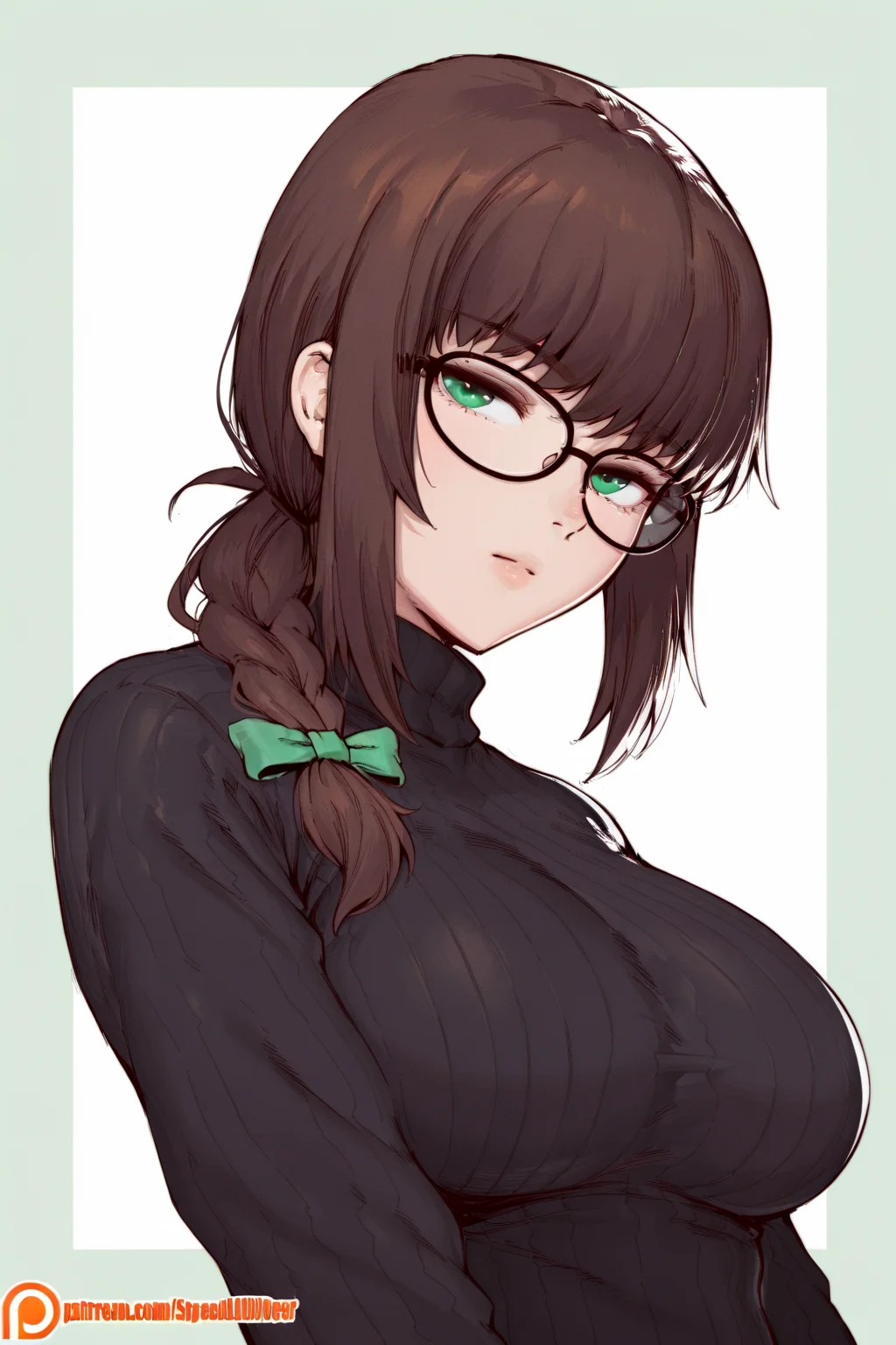 {{amazing quality, best quality, high quality, very aesthetic}}, 1girl, solo, simple background, brown hair, single braid over shoulder, green eyes, glasses, large breasts, black sweater, turtleneck, expressionless
<lora:Speedl00ver_Style:1>