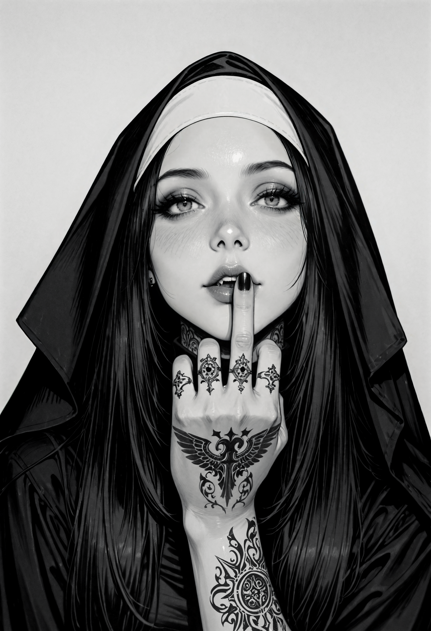 8K, masterpiece, high resolution, depth of field, detailed line work, best quality, amazing quality, newest, focused subject, phenomenal aesthetic, hyper-realistic, photo realistic, realistic eyes, detailed eyes, BREAK, MILF, sassy and confident expression with a sharp gaze, nun, veil, bandeau, coif, closed black dress, black hair, long hair, straight hair, eyeshadow, sharp eyeliner, tattooed hand, metal tattoo, sharp nail, black nail, putting a middle finger to the lips, signalling to be quiet, BREAK, headshot photo, monochrome, face view, straight photo, film grain, centered symmetrical, studio quality, white blank background