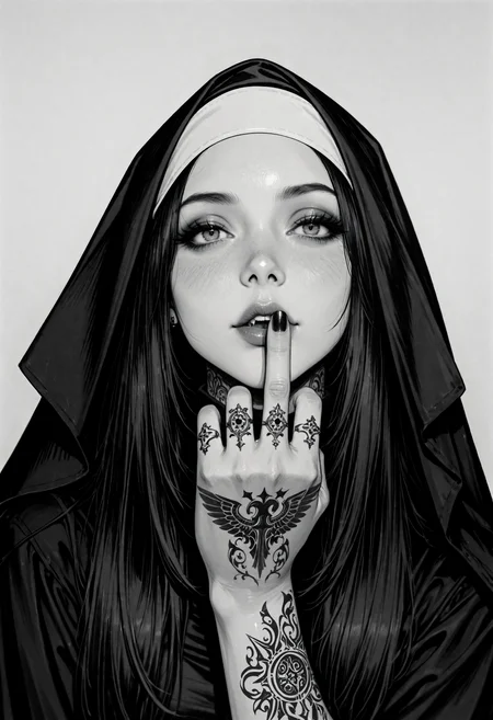 8K, masterpiece, high resolution, depth of field, detailed line work, best quality, amazing quality, newest, focused subject, phenomenal aesthetic, hyper-realistic, photo realistic, realistic eyes, detailed eyes, BREAK, MILF, sassy and confident expression with a sharp gaze, nun, veil, bandeau, coif, closed black dress, black hair, long hair, straight hair, eyeshadow, sharp eyeliner, tattooed hand, metal tattoo, sharp nail, black nail, putting a middle finger to the lips, signalling to be quiet, BREAK, headshot photo, monochrome, face view, straight photo, film grain, centered symmetrical, studio quality, white blank background