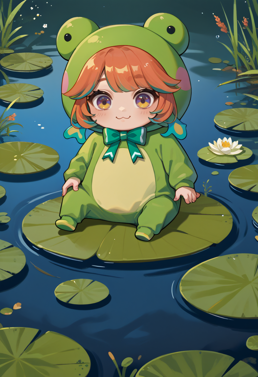 score_9, score_8_up, source_anime, Frogiwawa, chibi, frog costume, green bow, smile, pond, on lily pad, <lora:ChamTakanashiKiaraV2PonyXL:1>