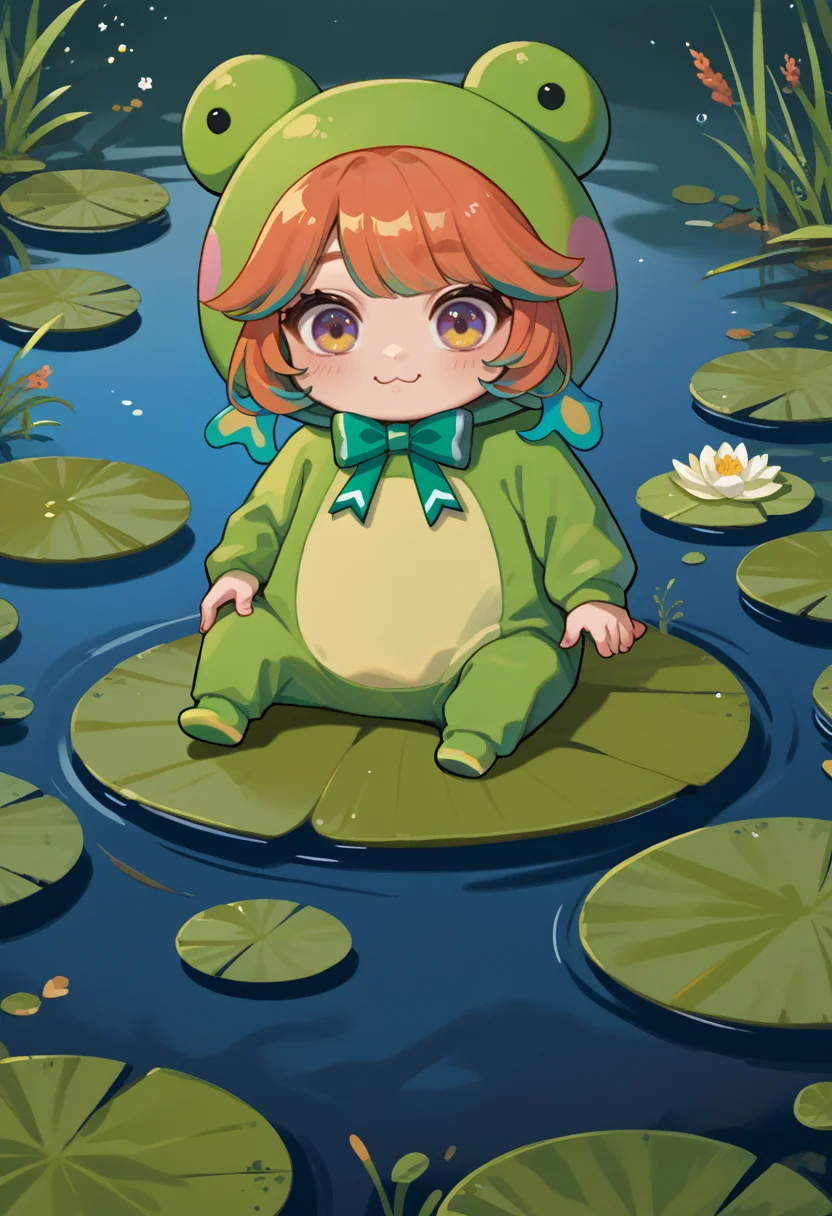 score_9, score_8_up, source_anime, Frogiwawa, chibi, frog costume, green bow, smile, pond, on lily pad, <lora:ChamTakanashiKiaraV2PonyXL:1>