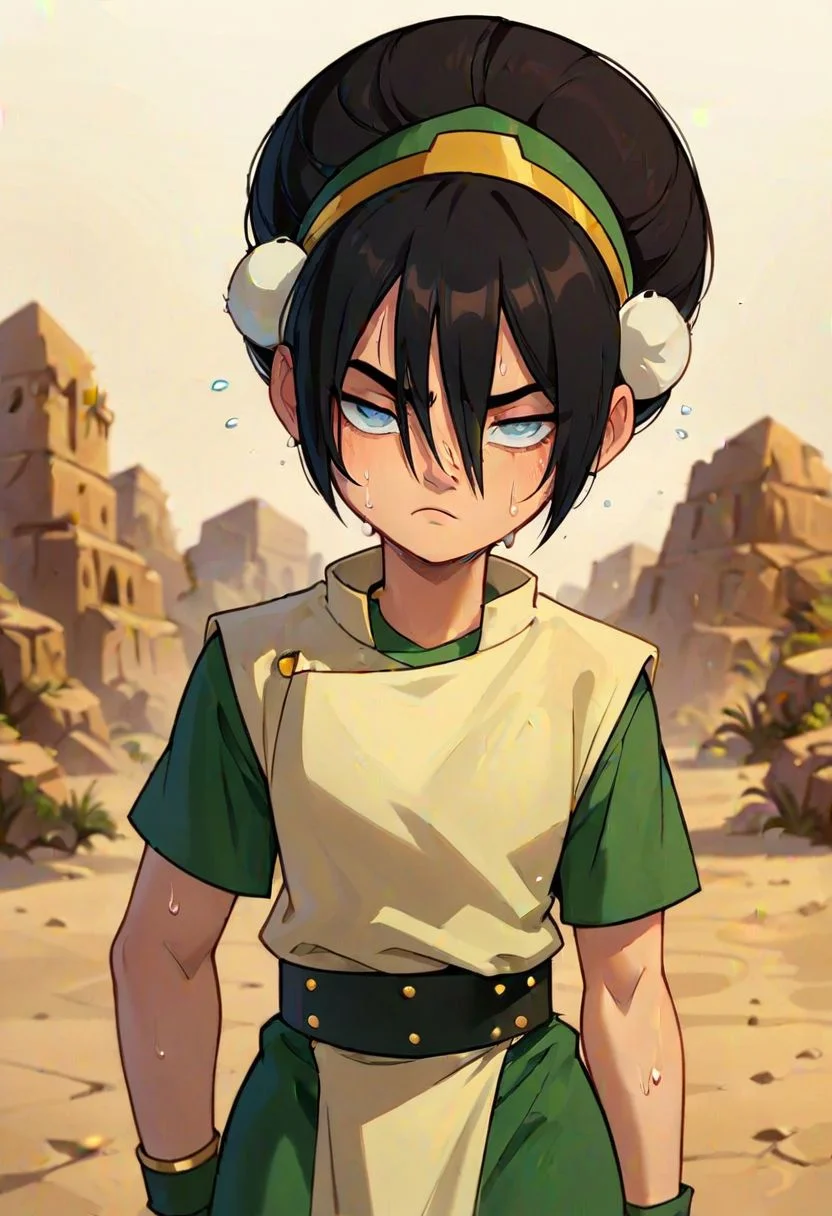 Toph, Blind, bun cover, hair bun, earth nation clothing
In the desert, oasis, bored facial expression, sweating,
flat color, fca style, toon \(style\), 2d,score_9, cartoon art style, chibi, accurate art style, score_8_up, score_7_up, score_6_up