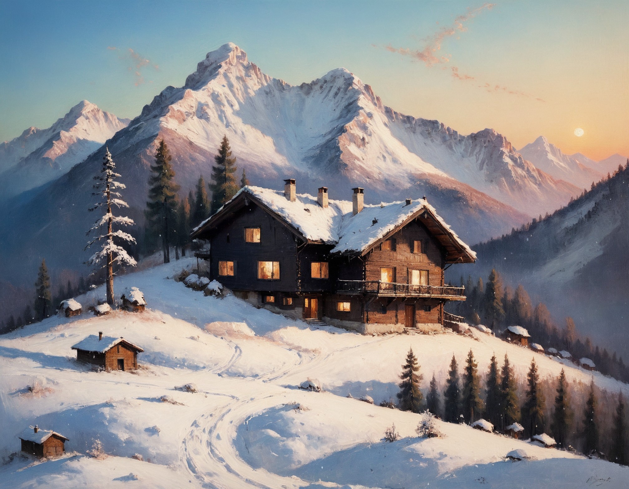 masterpiece, best quality, ultra-detailed,  elegant, snowy landscape, mountains, pine trees, comfy wooden house, dusk,  <lora:add-detail-xl:0.7> <lora:xl_more_art-full_v1:0.7>  <lora:sdxl/nicola_samori_dark_art_style:0.7> in the style of Nicola Samori