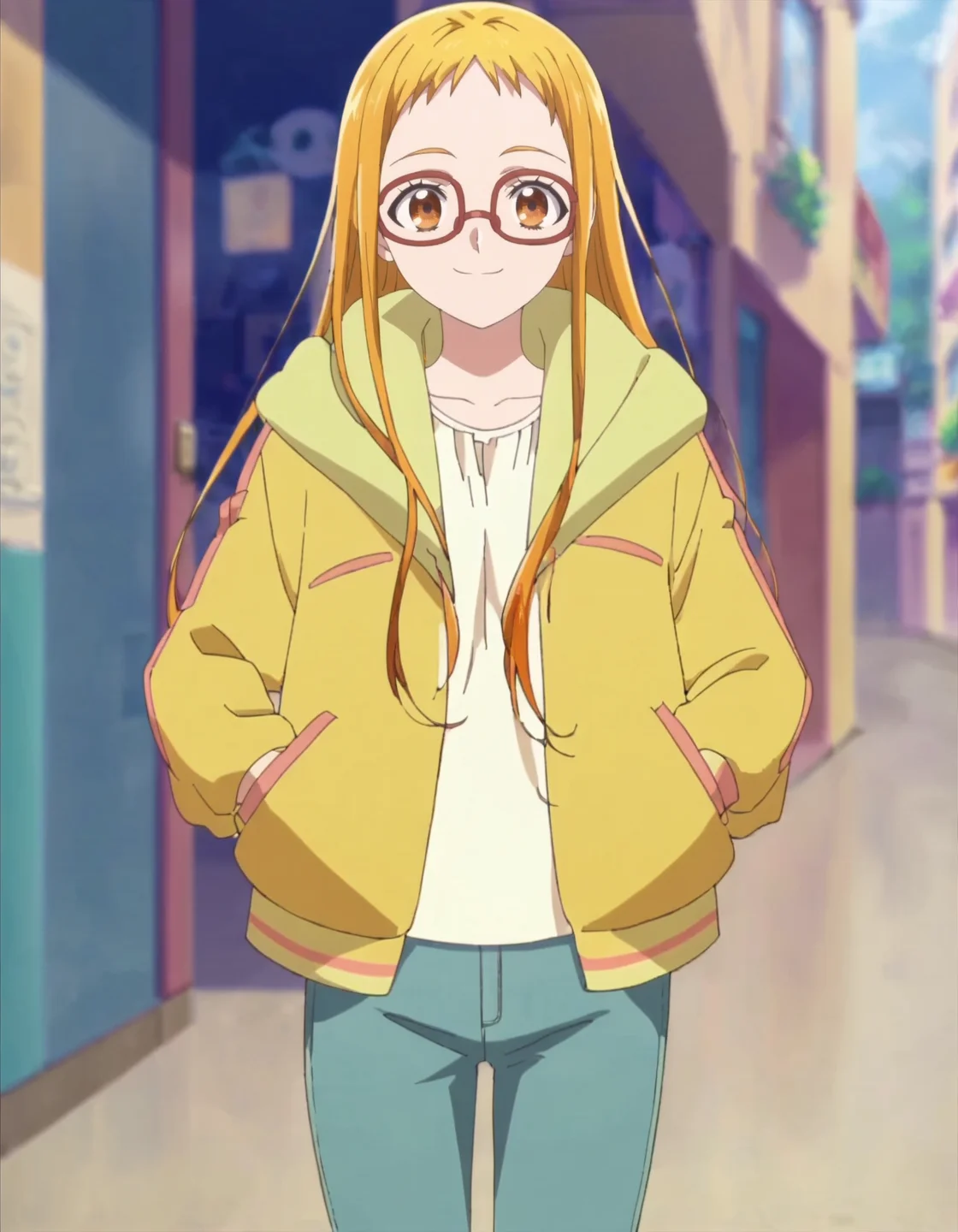 score_9, score_8_up, score_7_up, anime screencap, solo,1girl,kasuganourara, glasses, looking at viewer, smile, jacket, semi-rimless eyewear, shirt, yellow jacket,pants,cowboy shot<lora:kasuganourara:0.8>,